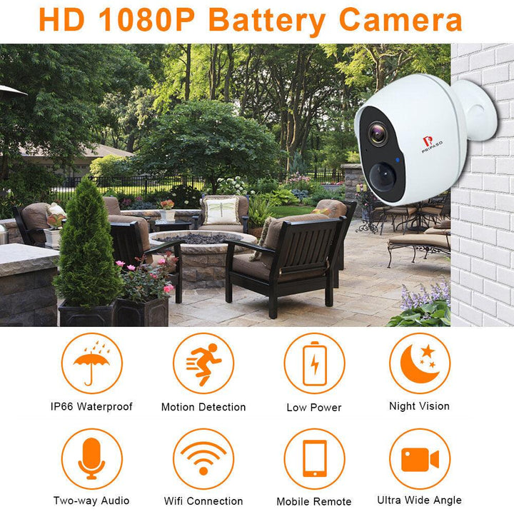 Pripaso 1080P Wireless Battery Powered IP CCTV Camera Outdoor Indoor Home Waterproof Security Rechargeable Wifi Battery Camera - Trendha