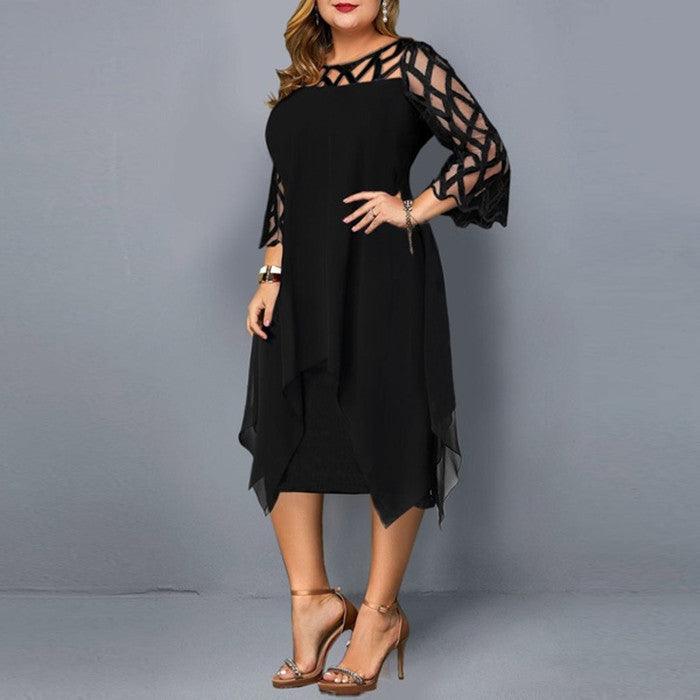 Lace Splicing Chiffon Dress With Irregular Hem With Seven Minute Sleeves - Trendha