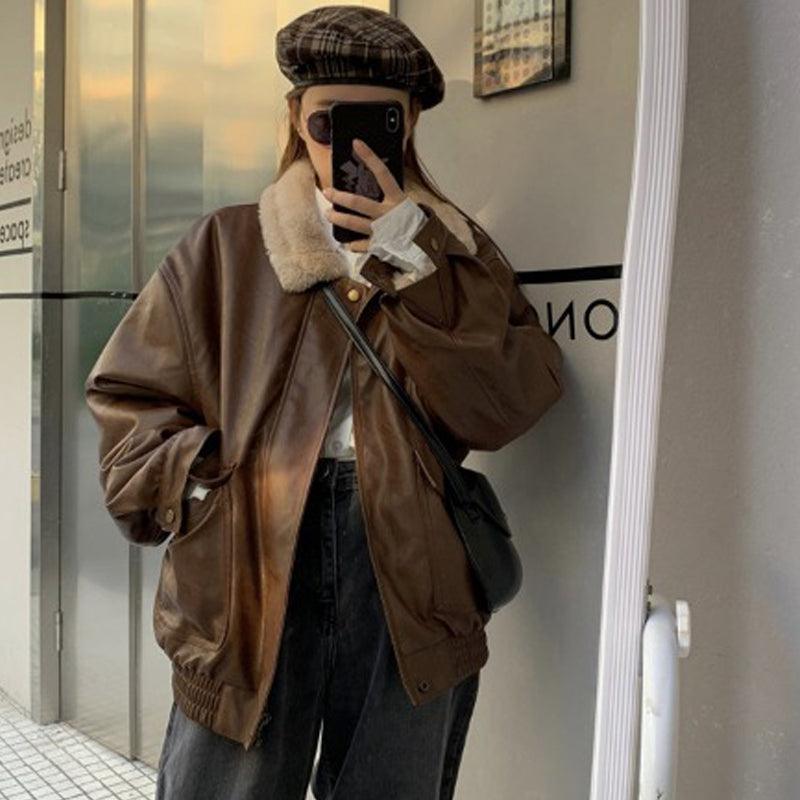 Women's Fashion Retro Leather Warm Jacket - Trendha