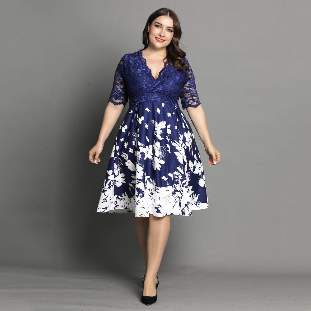 Large Size Digital Printing Lace Stitching Dress - Trendha