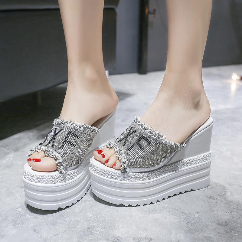 Platform Sandals And Slippers With Wedge Heel And Rhinestones - Trendha