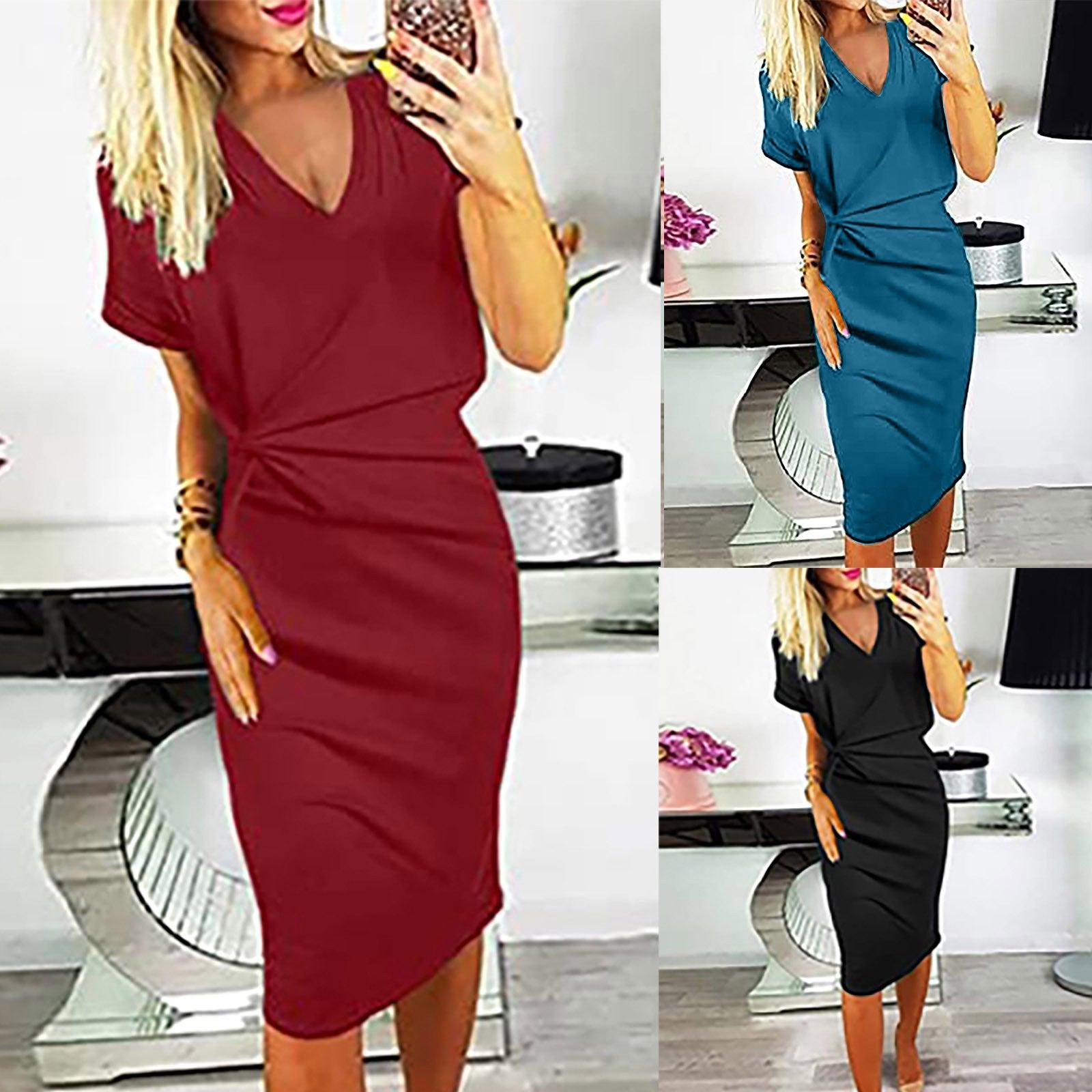 Fashion Solid Color Casual Twist V Neck Short Sleeve Skirt Women - Trendha