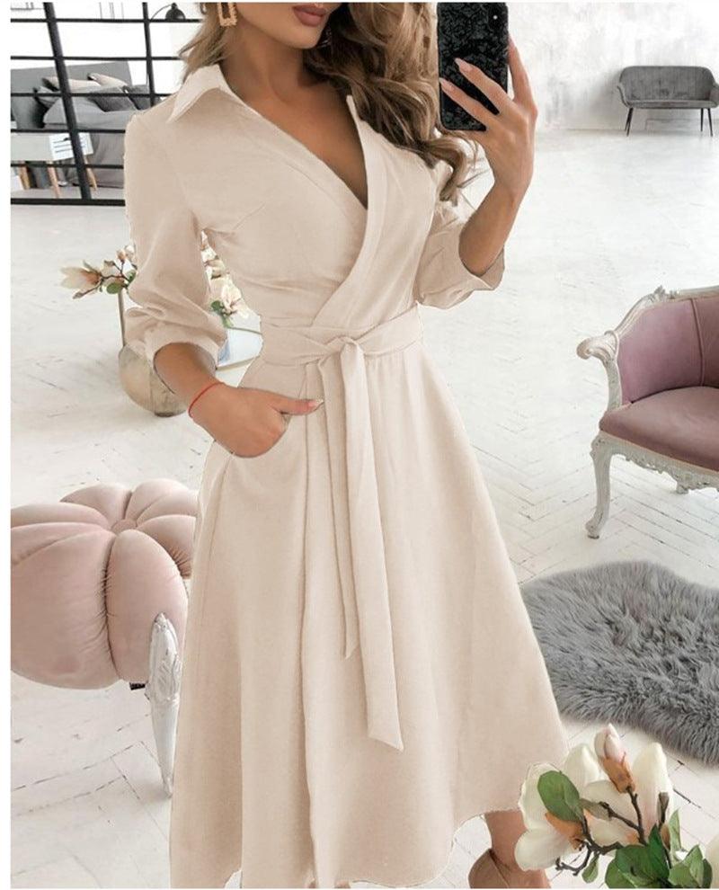 Sexy Irregular Hemline Dress - Women's Deep V-neck Party Dress with Long Sleeves
