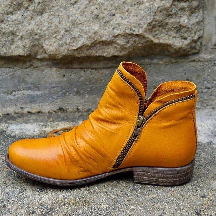 Round Toe Chunky Heel Double Zipper Ankle Boots - Trendha