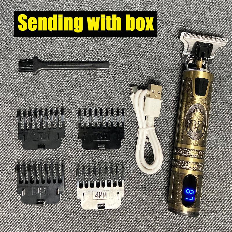 Electric Hair Clipper Oil head Electric hair Clipper LCD Display USB Engraving Buddha Head Retro T9 Scissors Power Generation Push - Trendha