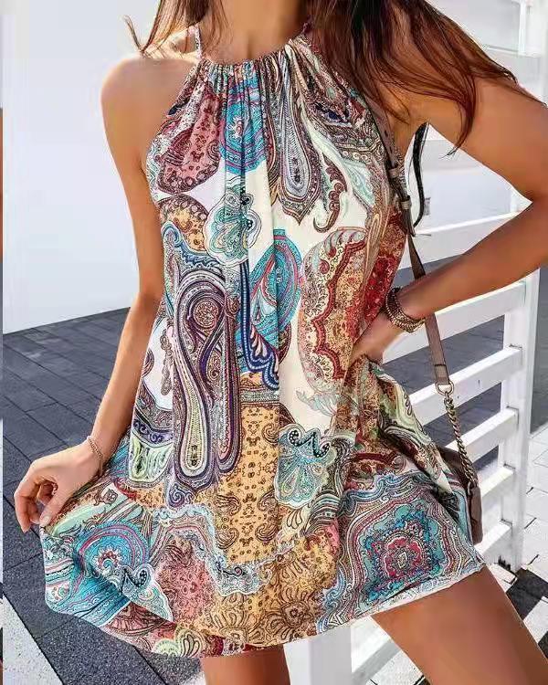 Back Short Skirt Printed Sleeveless Dress - Trendha