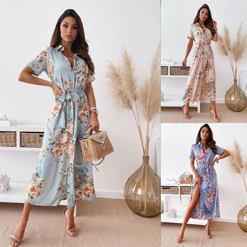 Short Sleeve V-neck Bohemian Shirt Dress - Trendha