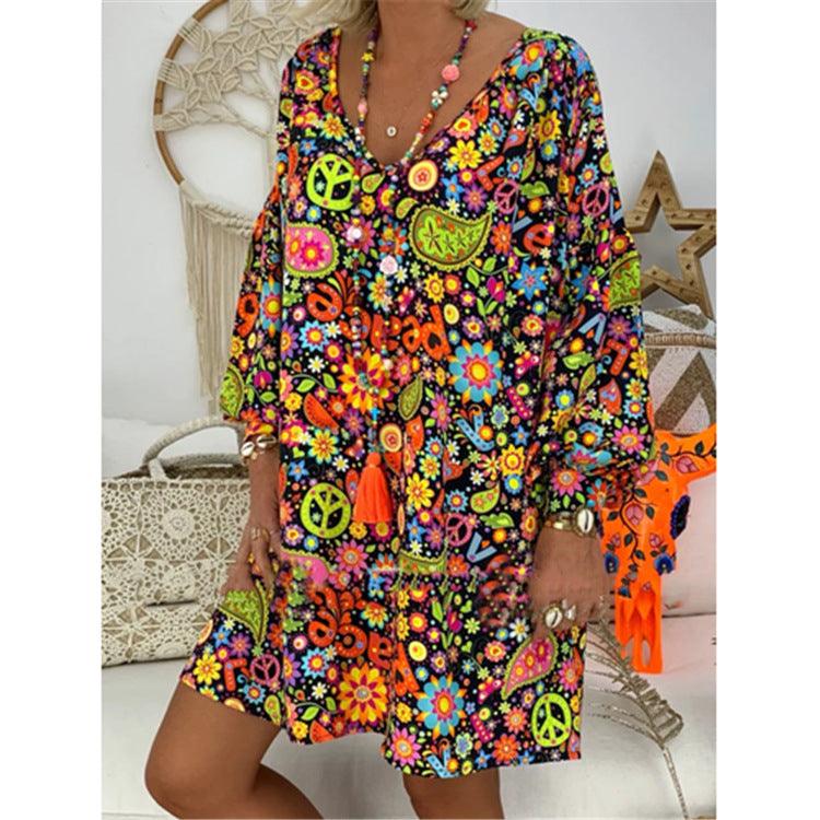 Women's V-neck Print Long Skirt Dress Plus Size Women's Clothing - Trendha