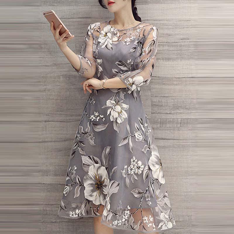 Fashion Round Neck Printed Organza Dress - Trendha