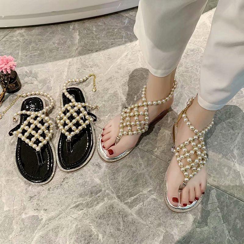 Pearl-Look Beaded Strap Flat Sandals