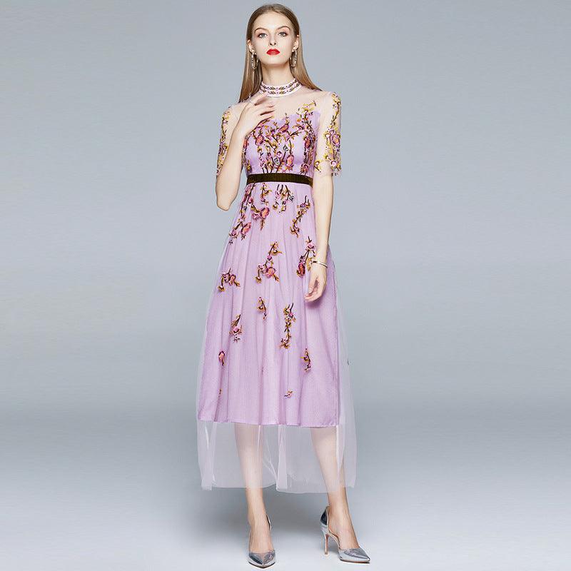 New Ladies Gentle Wind Wear Embroidered Mesh Dress Five-point Sleeve French Long Skirt - Trendha