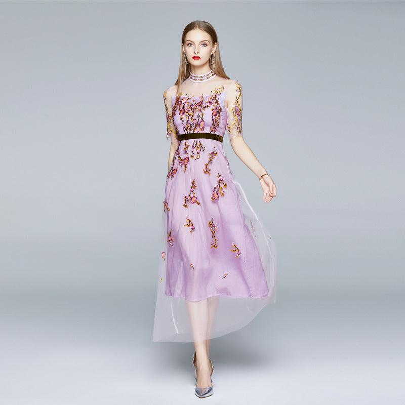 New Ladies Gentle Wind Wear Embroidered Mesh Dress Five-point Sleeve French Long Skirt - Trendha