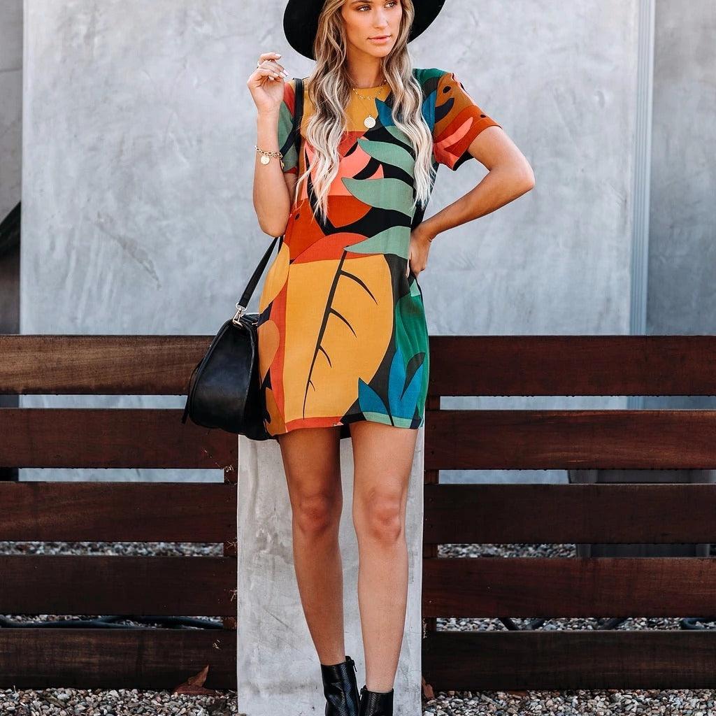 New Short-sleeved Round Neck Irregular Graffiti Print Dress - Trendha