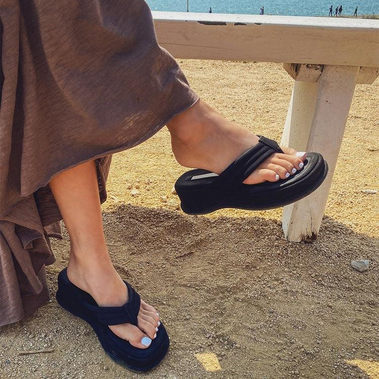 Heighten Flip-Flops Women'S Thick-Soled Outer Wear Green Wide-Edge Suede Flip-Flops - Trendha