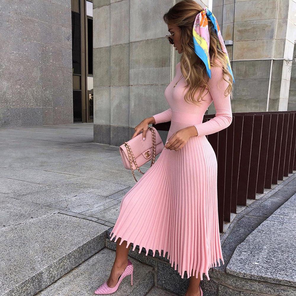 Knit solid color pleated dress - Trendha