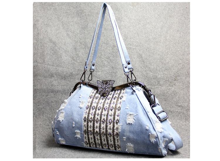 Light Blue Denim Butterfly Clip Diamond Crossbody Bag - Trendha