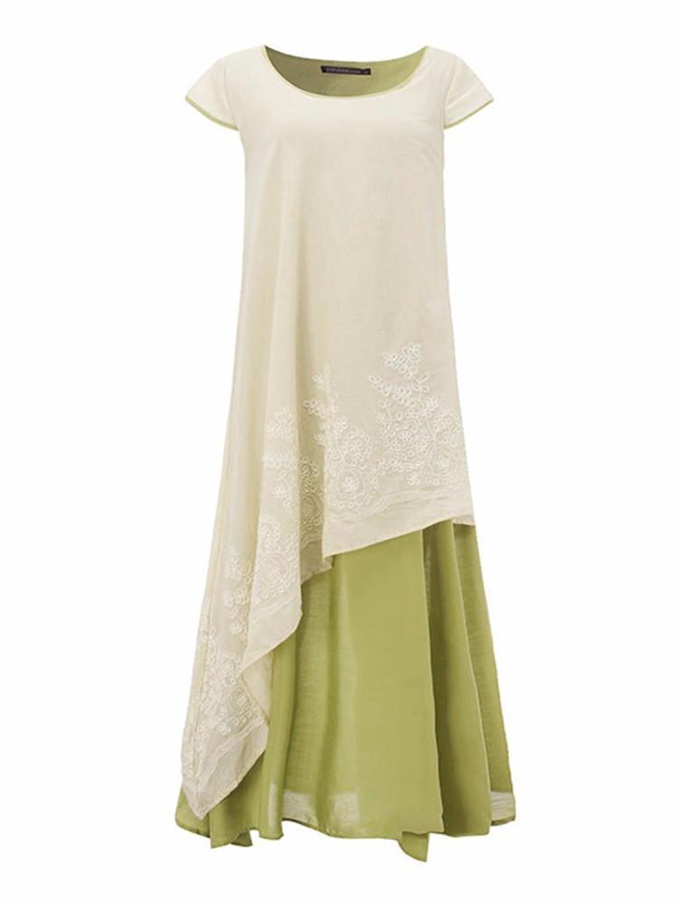 Vintage Women Embroidery Layered Short Sleeve Elegant Irregular Dress - Trendha