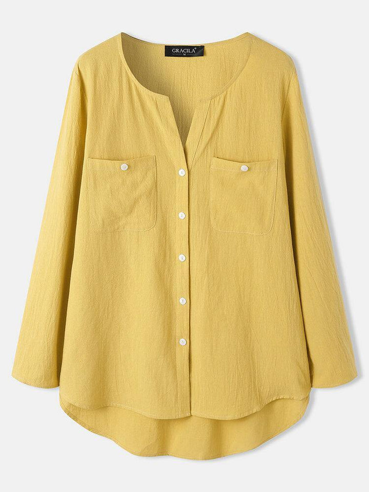 Women Mustard Yellow V-neck Front Pocket Design Long Sleeve Casual Shirts - Trendha