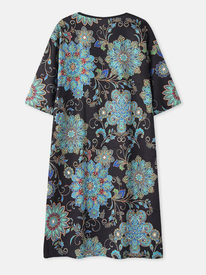 Women Vintage Floral Print Half Sleeve Ethnic Style Midi Dress - Trendha