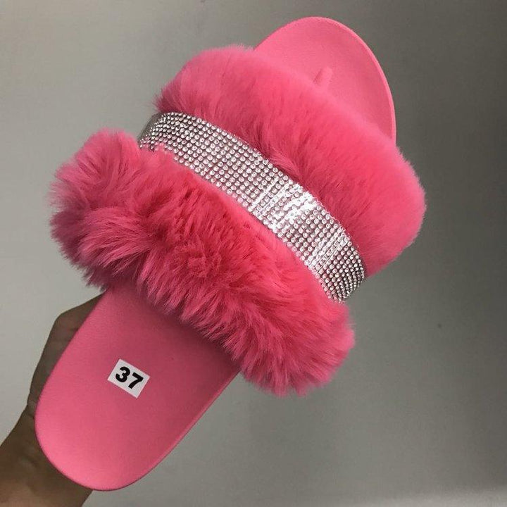 Women Bling Fluffy Slippers Fur Slides Platform Wedges Heel Solid - Trendha
