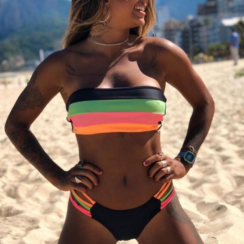 Split Bikini Plain Fabric Stitching Striped Swimsuit - Trendha