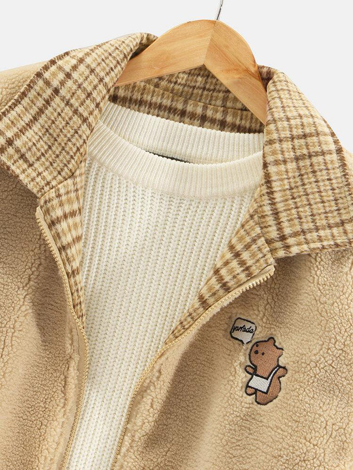 Mens Plaid Bear Letter Embroidered Lapel Reversible Fleece Casual Jacket - Trendha