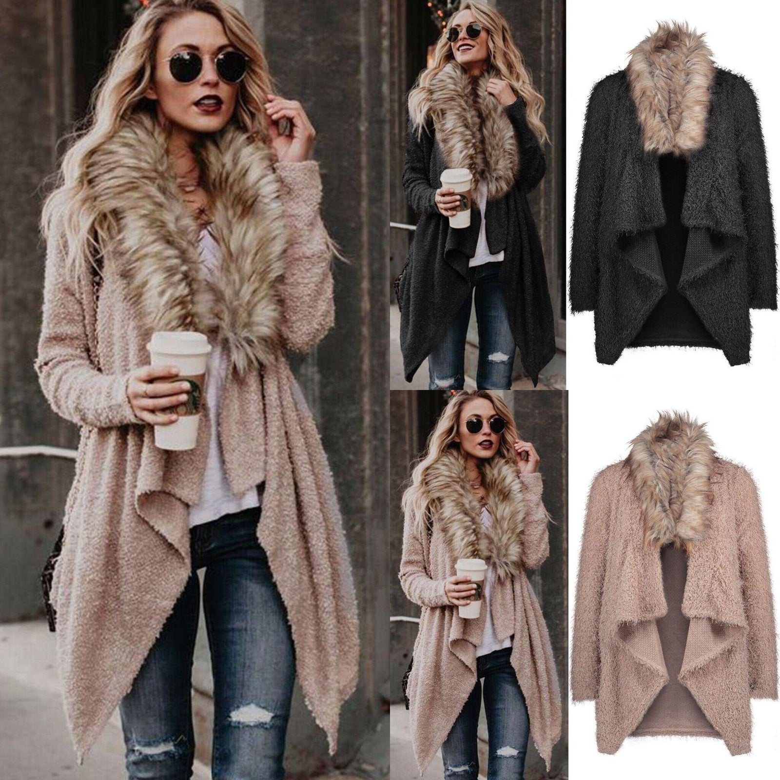 Fur collar cardigan plush trench coat - Trendha