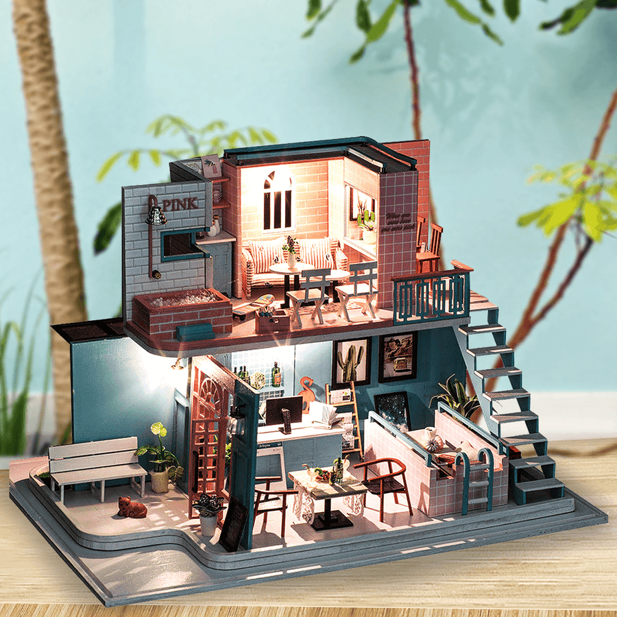 Handmade 3D Wooden Miniatures Doll House Pink Cafe Dollhouse Furniture Diy Miniature Toys for Girls Birthday Gifts - Trendha