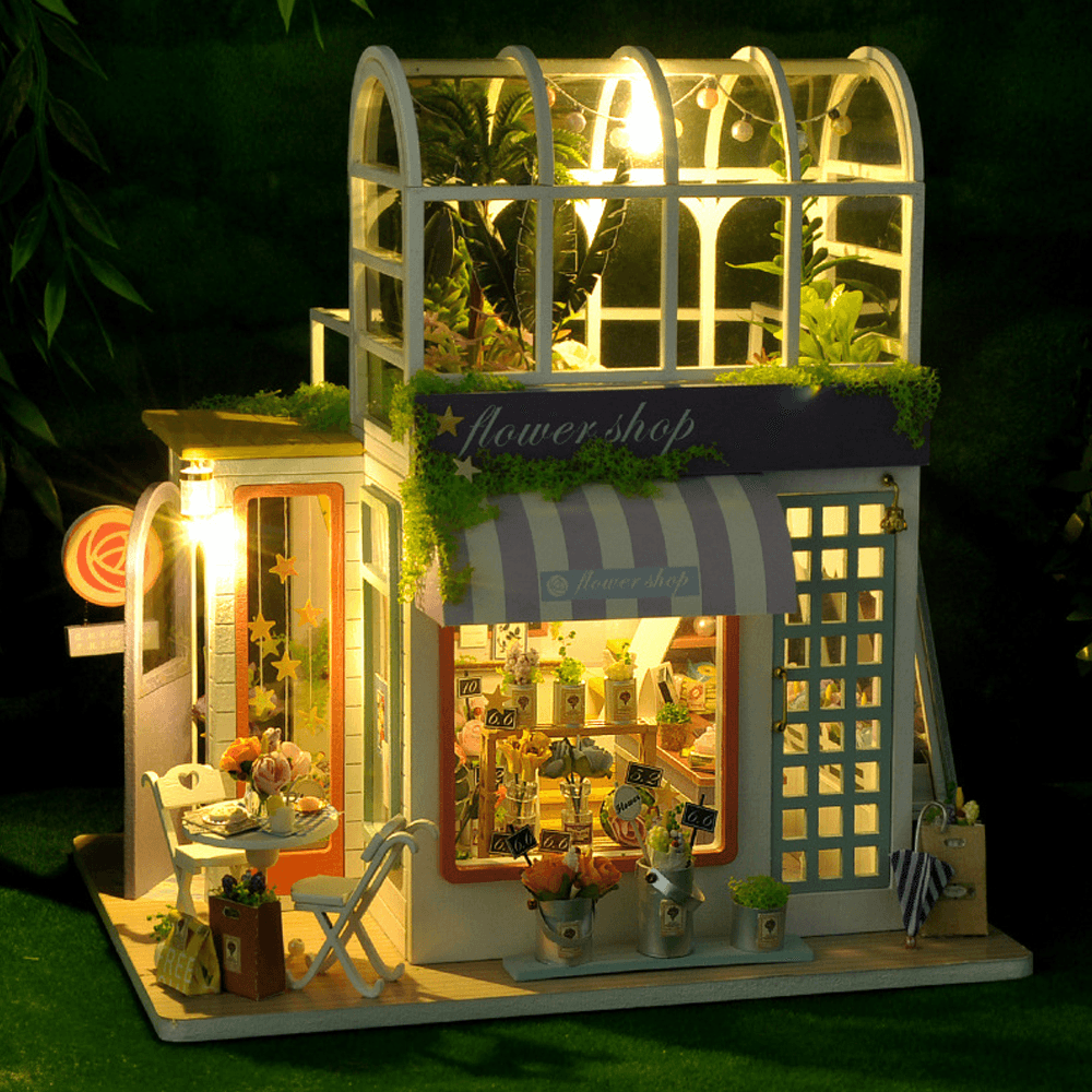 Flower Shop DIY Handmade Assemble Doll House Kit Miniature Furniture Kit with LED Lights for for Gift Collection House Decoration - Trendha
