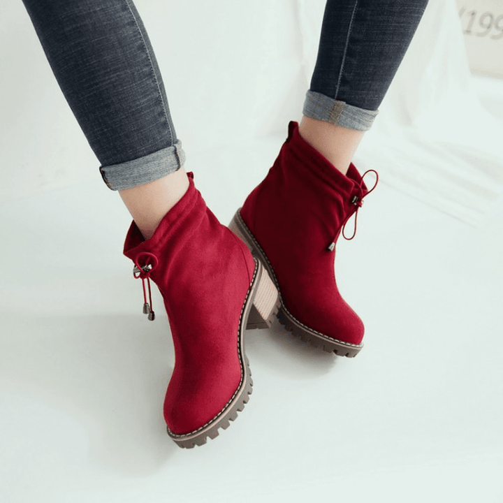Women Casual Solid Color round Toe Elastic Band Chunky Heel Short Boots - Trendha