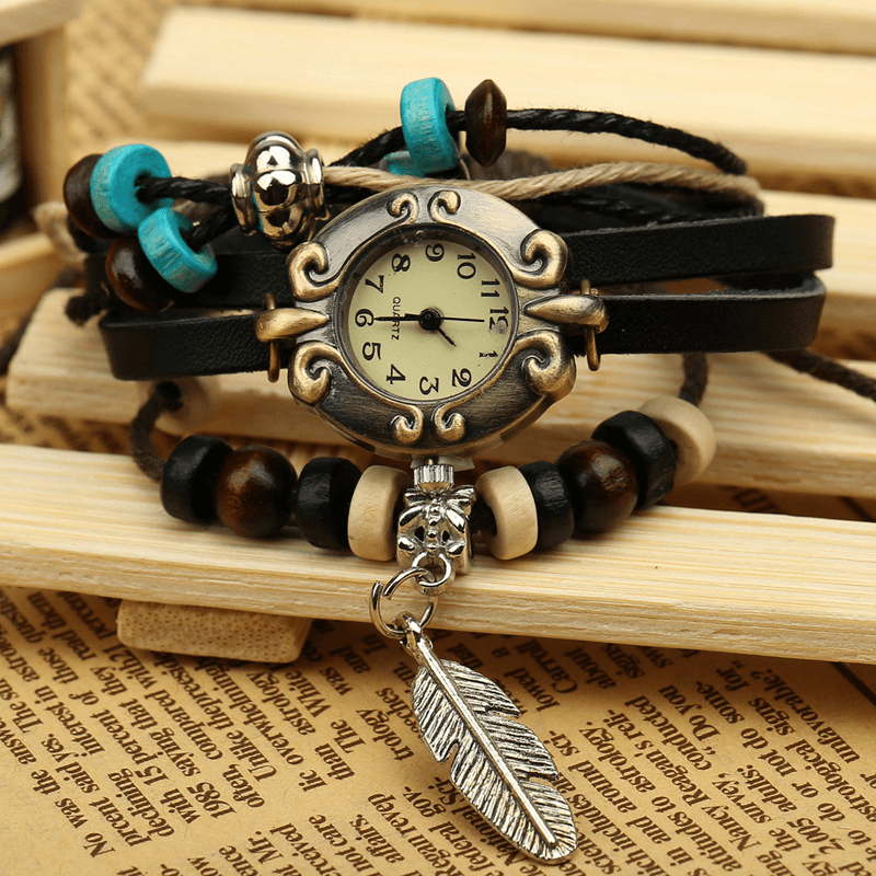 Deffrun Multilayer Cow Leather Band Bracelet Watch Leaf Pendant Small Dial Women Quartz Watch - Trendha
