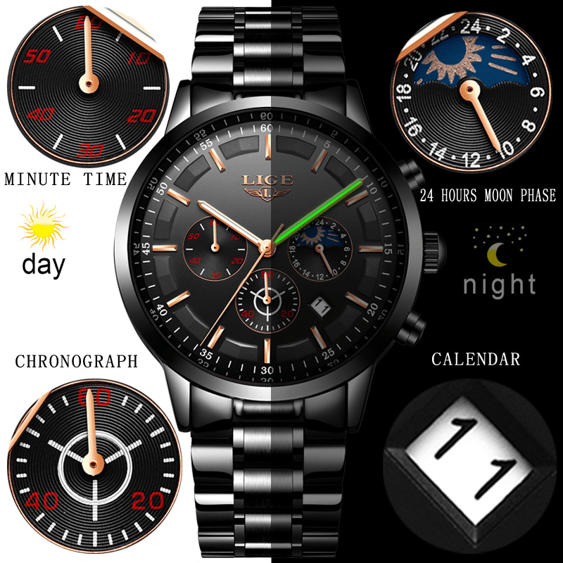 LIGE 9877 Business Style Waterproof Men Wrist Watch Luminous Display Full Steel Quartz Watches - Trendha