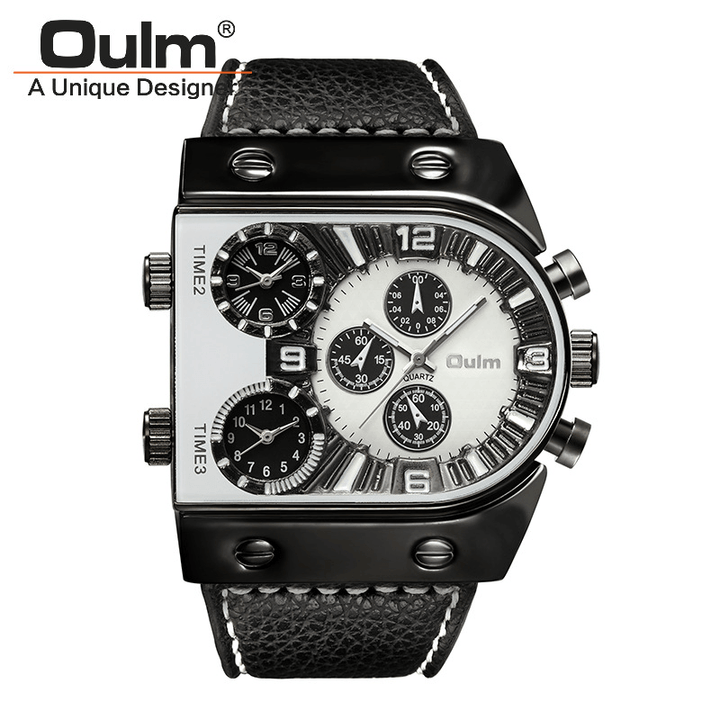 OULM Big Dial Vintage Multi Time Zones Quartz Watch PU Leather Band Men Wrist Watch - Trendha