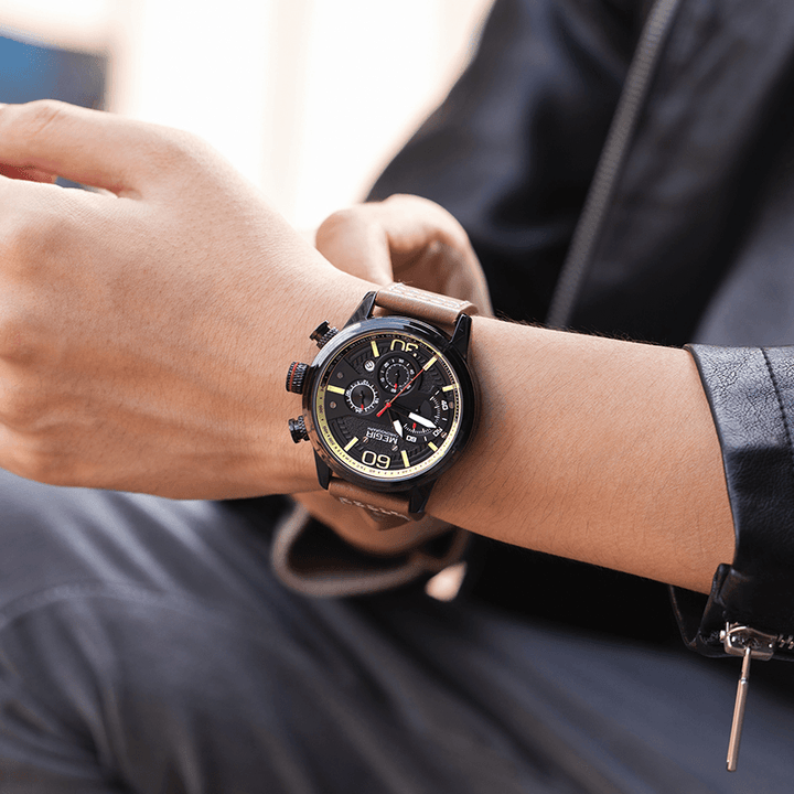 Megir 2110 Fashion Men Watch Waterproof Luminous Display Chronograph Leather Strap Sport Quartz Watch - Trendha
