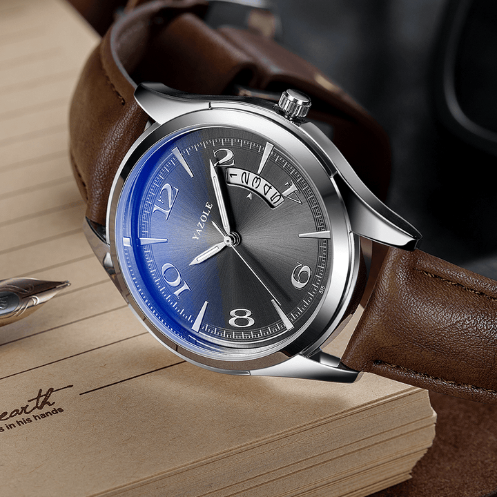 YAZOLE 515 Calendar Date Display Fashion Leather Strap Men Casual Dial Luminous Display Quartz Watch - Trendha