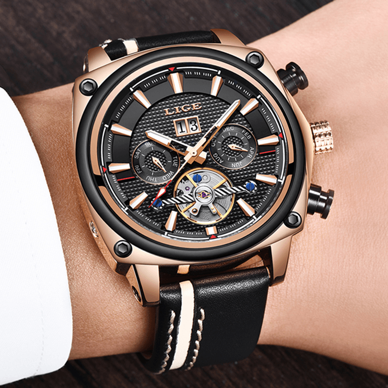 LIGE 9921 Rectangle Dial Men Wrist Watch Calendar Luminous Display Automatic Mechanical Watch - Trendha