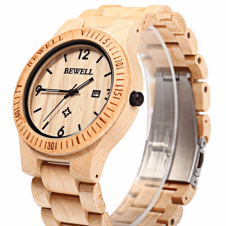 BEWELL ZS-W086B Men Natural Wooden Auto Calendar Display Fashion Quartz Wrist Watch - Trendha