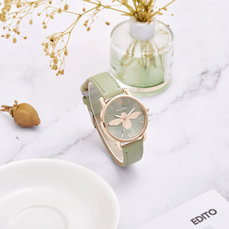 A0554 Fashion Cute Women Watches Rose Gold Case Leather Band Roman Numerals Bee Quartz Watches - Trendha