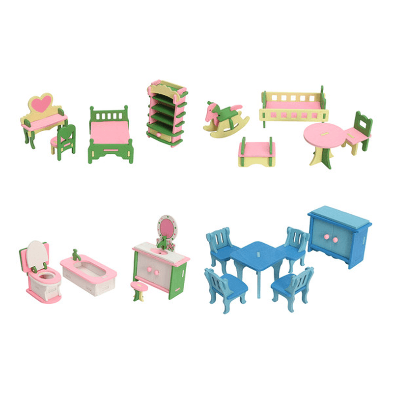 4 Sets of Delicate Wood Dollhouse Furniture Kits for Doll House Miniature - Trendha