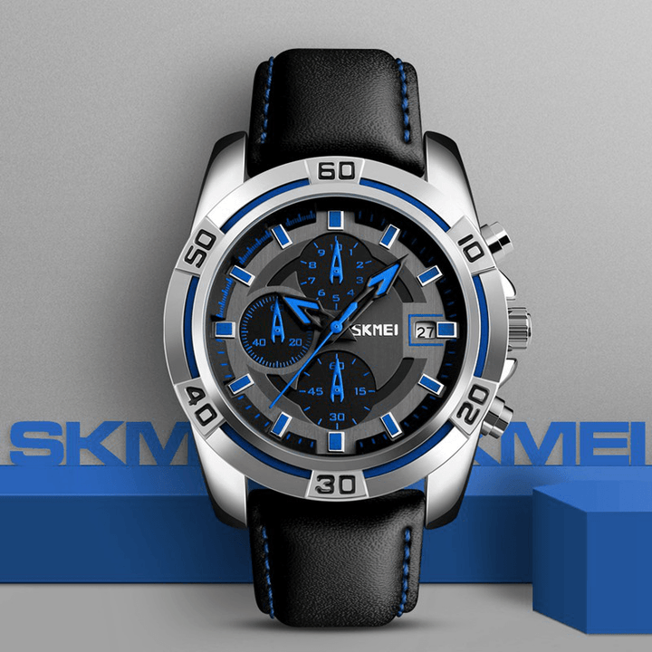 SKMEI 9156 Sport Watch Chronograph Leather Strap Waterproof Men Quartz Wrist Watch - Trendha