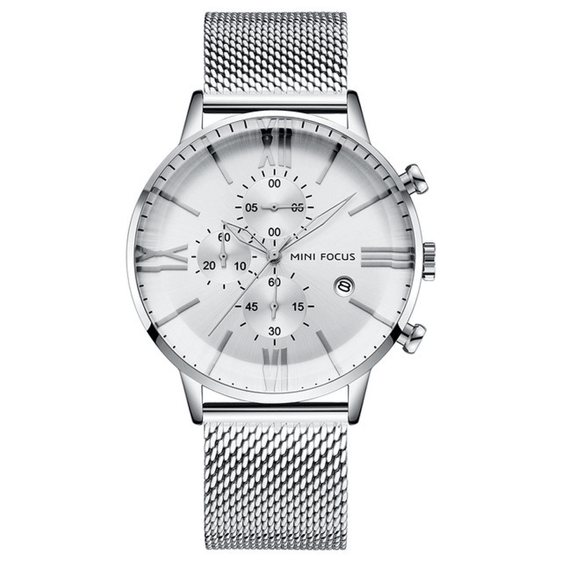 MINI FOCUS MF0236G Business Chronograph Calendar Mesh Steel Quartz Watch Men Wristwatch - Trendha