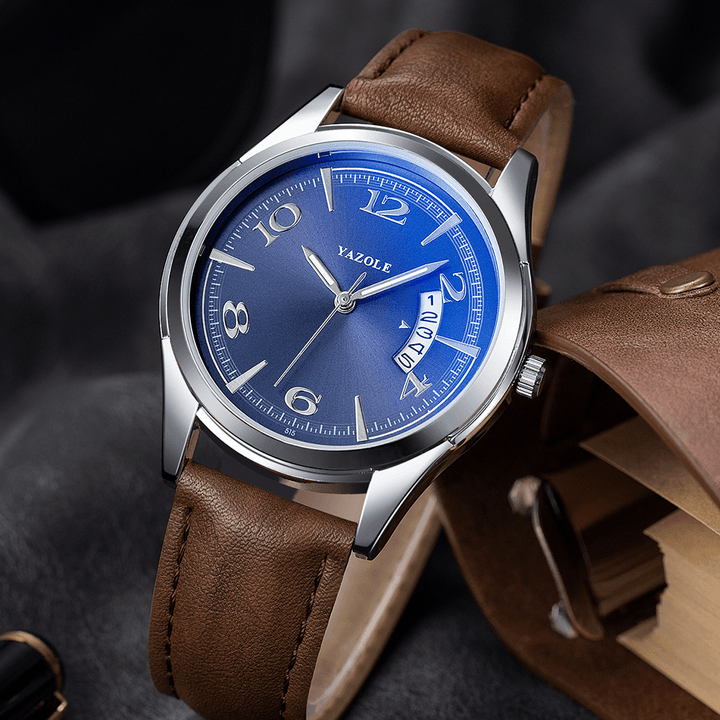 YAZOLE 515 Calendar Date Display Fashion Leather Strap Men Casual Dial Luminous Display Quartz Watch - Trendha