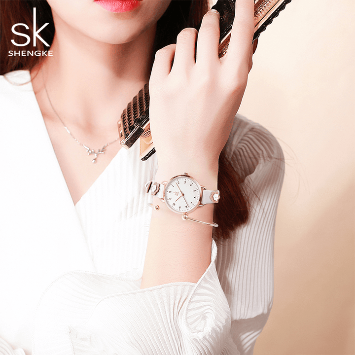 SHENGKE SK K9019 Women Fashion Flower Leather Strap Simple Dial Quartz Watch - Trendha