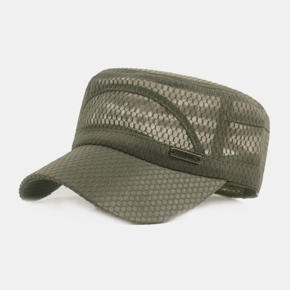 Men Adjustable Mesh Breathable Solid Color Military Cap Flat Cap with Letter Metal Label - Trendha