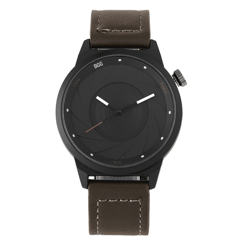 Creative Men Leather Strap Simple Back Aperture Pattern Dial White Needle Quartz Watch - Trendha