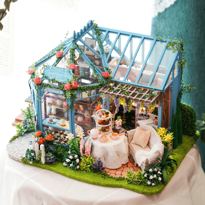 Cuteroom A068 DIY Cabin Rose Garden Tea House Handmade Doll House Model with Dust Cover Music Motor - Trendha