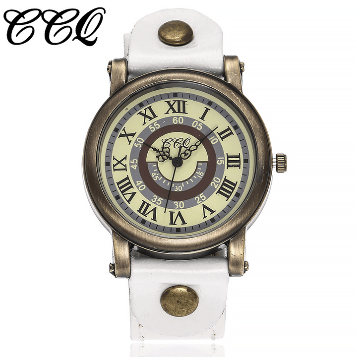 Vintage Turntable Roman Numeral Dial Cowhide Strap Women Wrist Watch Quartz Watch - Trendha