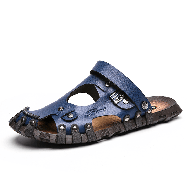 Men Genuine Leather Sandals Casual Two-Ways Breathable Slippers - Trendha