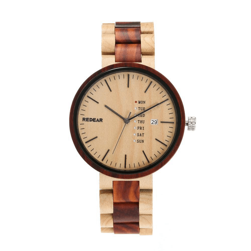 REDEAR SJ1488 Fashion Men Wooden Watch Date Week Display Wooden Strap Quartz Watch - Trendha