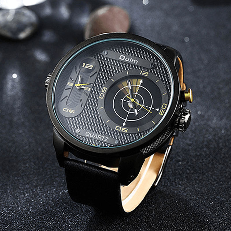 OULM 3221B Dual Time Zone Big Dial Creative Watch Unique Design Men Quartz Watches - Trendha